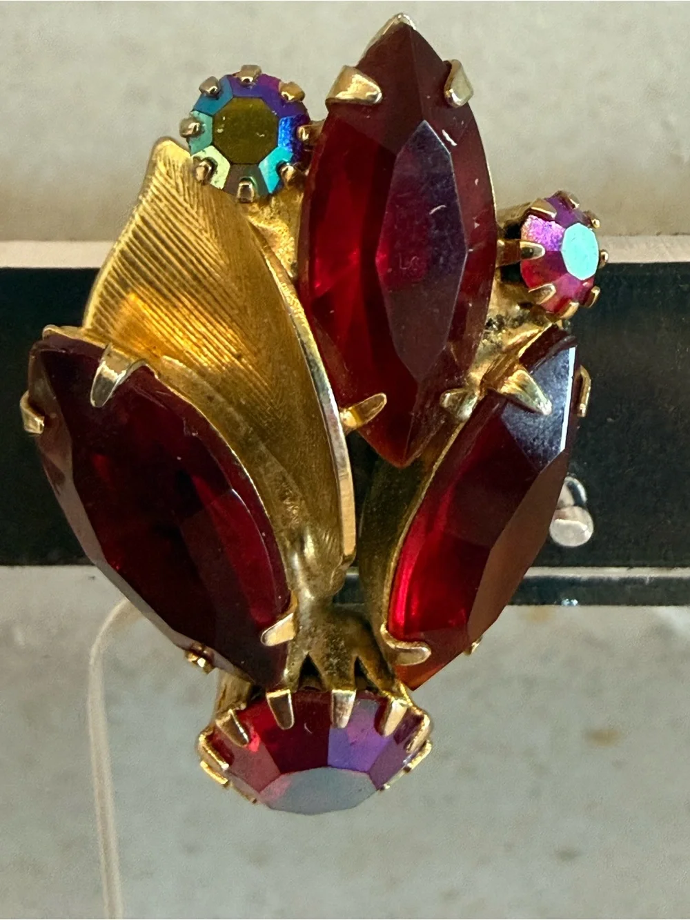 Weiss Red Rhinestone & AB Glass Clip-On Earrings Excellent